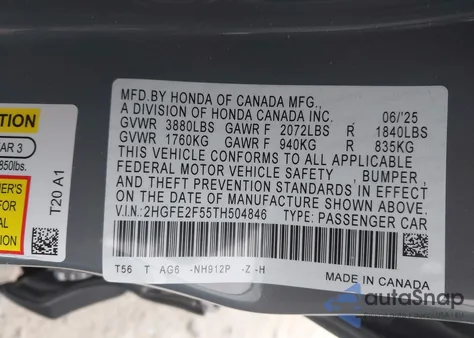 2026 Honda Civic Sport z USA, uszkodzony, nr VIN 2HGFE2F55TH504846